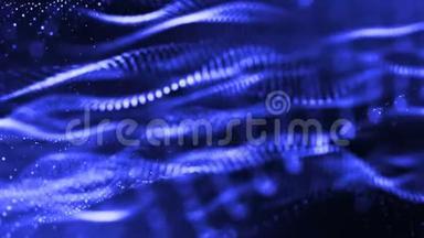 三维蓝色背景与奇妙的发光粒子。 循环三维动画具有景深，光效.. 现代